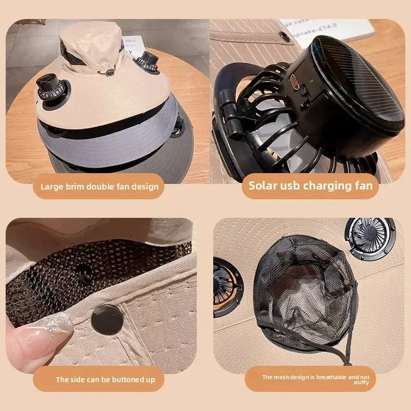 Solar Powered Fishing Hat With USB Charging Fan Adjustable Breathable Cap for Hiking Camping Outdoor Sports Father Day Gift