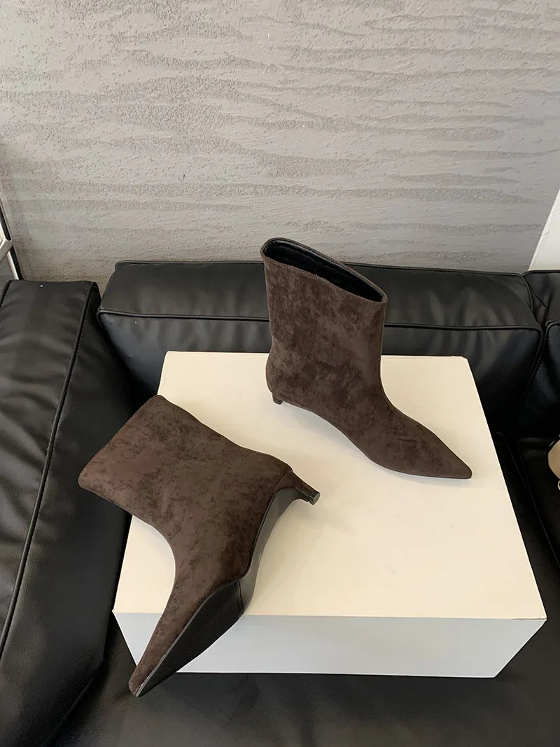Autumn Winter Pointed Toe Ankle Boots Women Designer Vintage Thin Low Heel Shoes Modern SHort Botas Zapatos De Mujer