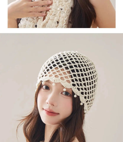 Fashion Hollowed Out Woven Pullover Hats Crochet Breathable Beret Cap Pearl Fringed Retro Beanies Cap for Women Summer Korean