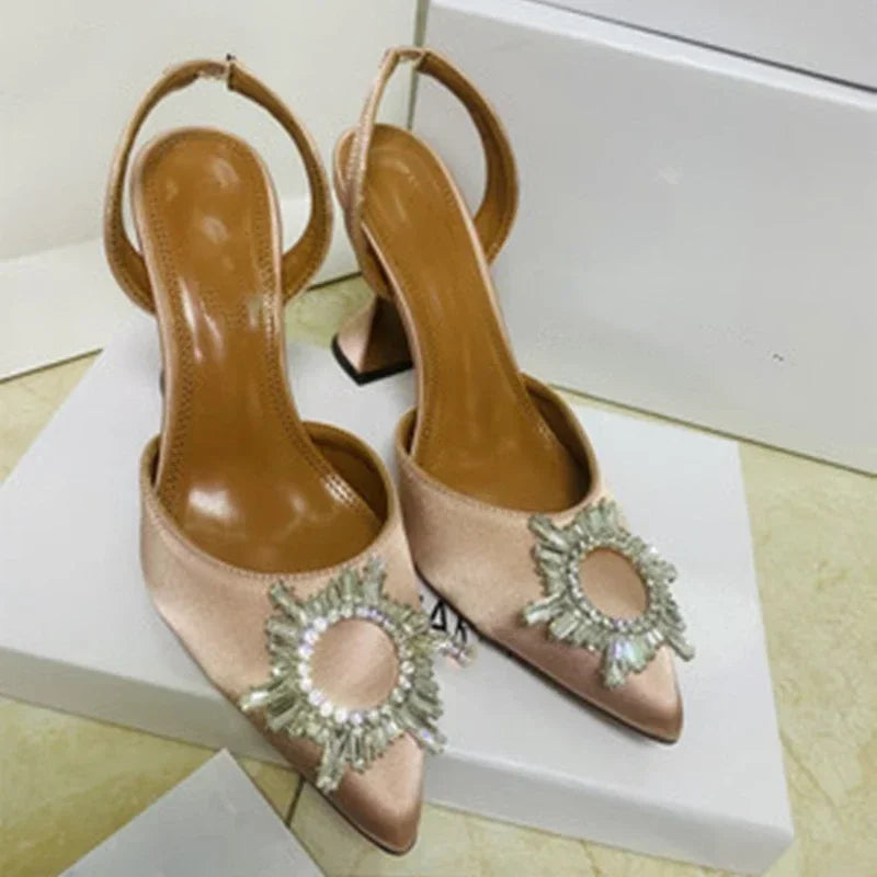 2026 Spring Autumn EU US Satin Slingback Women Sandals Pointed Flared Heels Sun Rhinestone Crystal Wedding Party Dress Heels