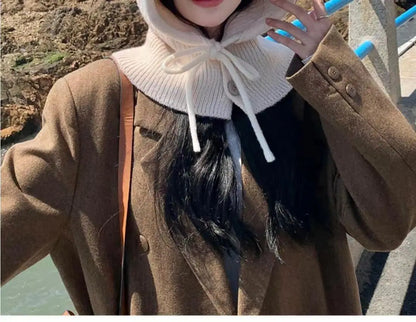 Knitted Hooded Caps Winter Balaclava Hats Women Korean Style Outdoor Warmer Drawstring Hats One-piece Neck Collar Beanies Cap