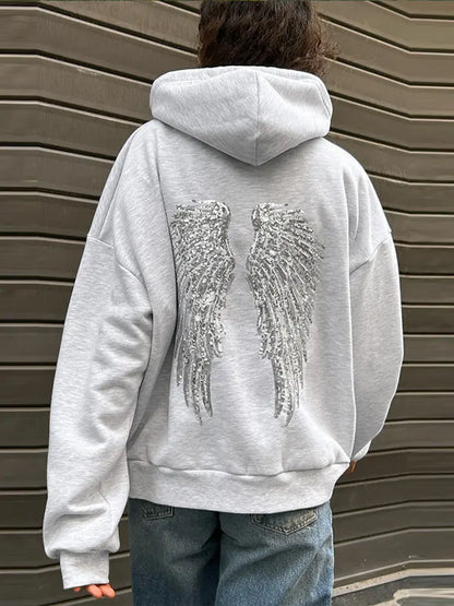 Women Fashion Sequin Angel Wings Printed Hoodies Casual Long Sleeved Hooded Solid Color Tops 2025 New High Street Y2k Outwear