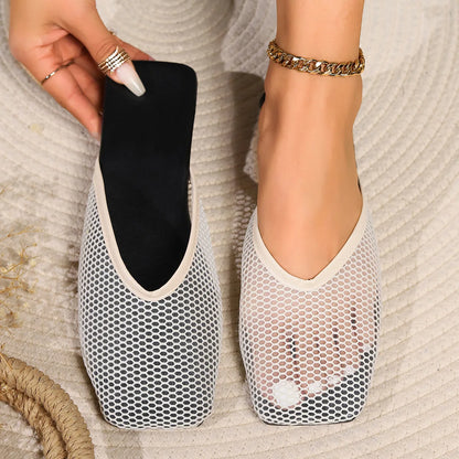 Summer Women Slippers Sexy Mesh Mules Indoor Home Slides Square Toe Female Flats Shoes Outdoor Clogs Beach Sandals Flip Flops