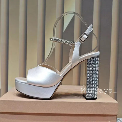 Women Open Toe Rhinestone High Heels Sandals Satin Waterproof Platform Sandalias Summer Party Dress Shoes Pumps Wedding Shoes