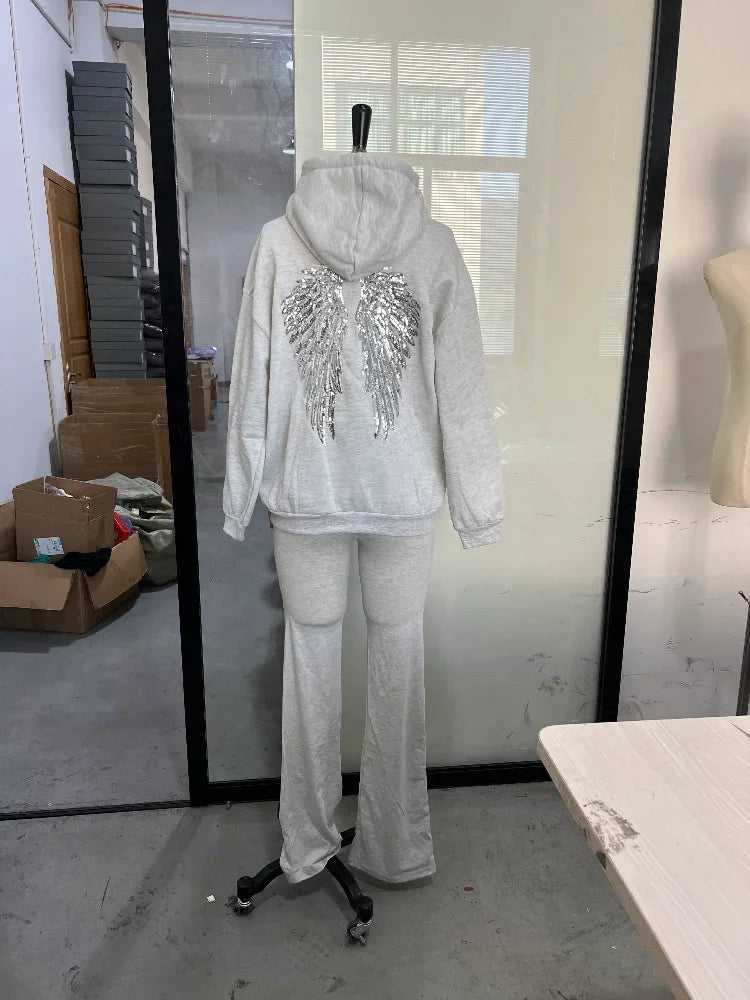 Women Fashion Sequin Angel Wings Printed Hoodies Casual Long Sleeved Hooded Solid Color Tops 2025 New High Street Y2k Outwear