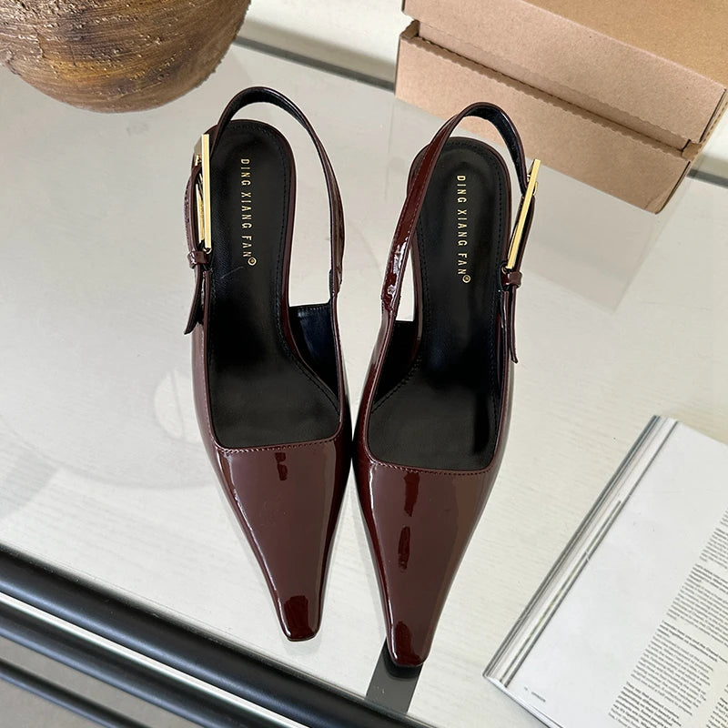 SUOJIALUN 2024 Spring New Band Women Pumps Shoes Fashion Shallow Slip On Slingback Sandals Thin High Heel Dress Sexy Pumps Shoes