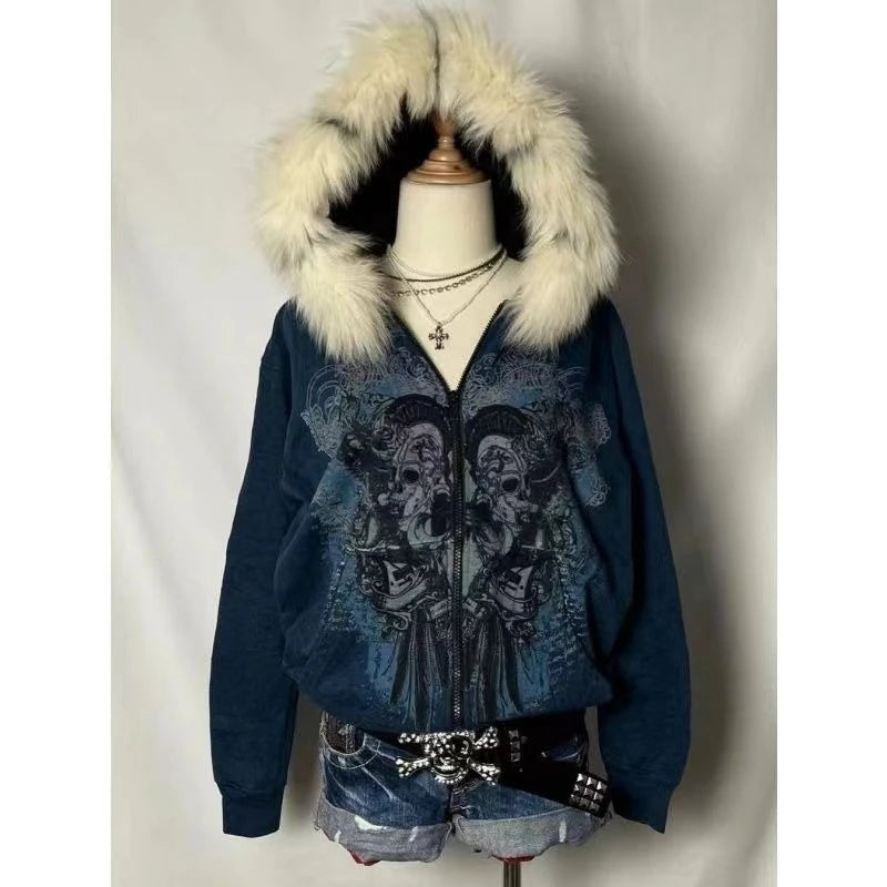 Gohic Vintage Sweatshirts Women's Jackets White Print Tunic Hooded Y2k Coat Streetwear Fashion Casual Hoodies Tops Ropa Mujer