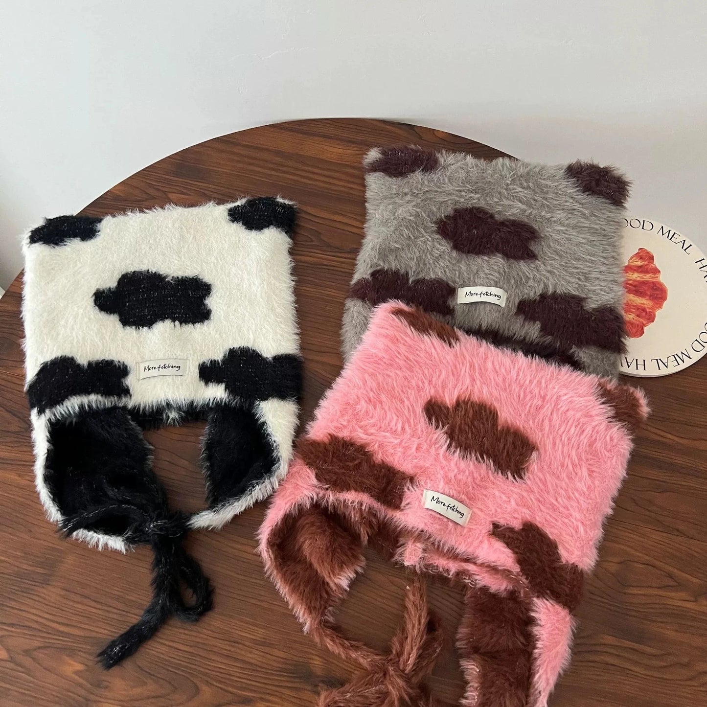 Winter Mink Velvet Fur Beanies for Women Men Cute Bear Ear Knitted Hat Crimped Straps Pullover Hat Hoody Balaclava Mom Gift