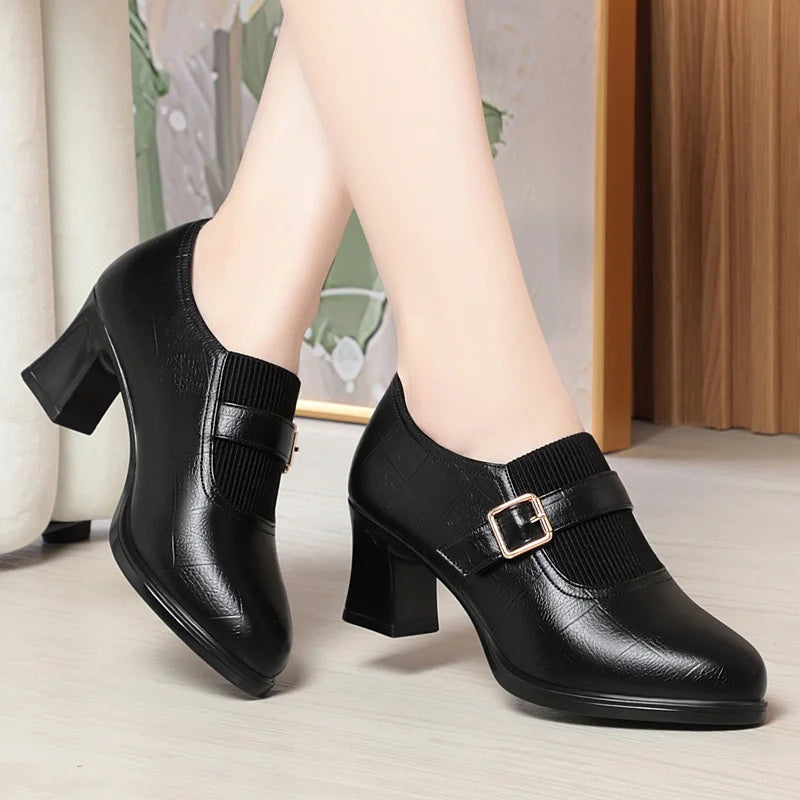 Autumn Fashion Comfort Deep Mouth Soft Leather Shoes Women Pumps 2024 Spring Block Heels Shoes for Office Mom Model Daily