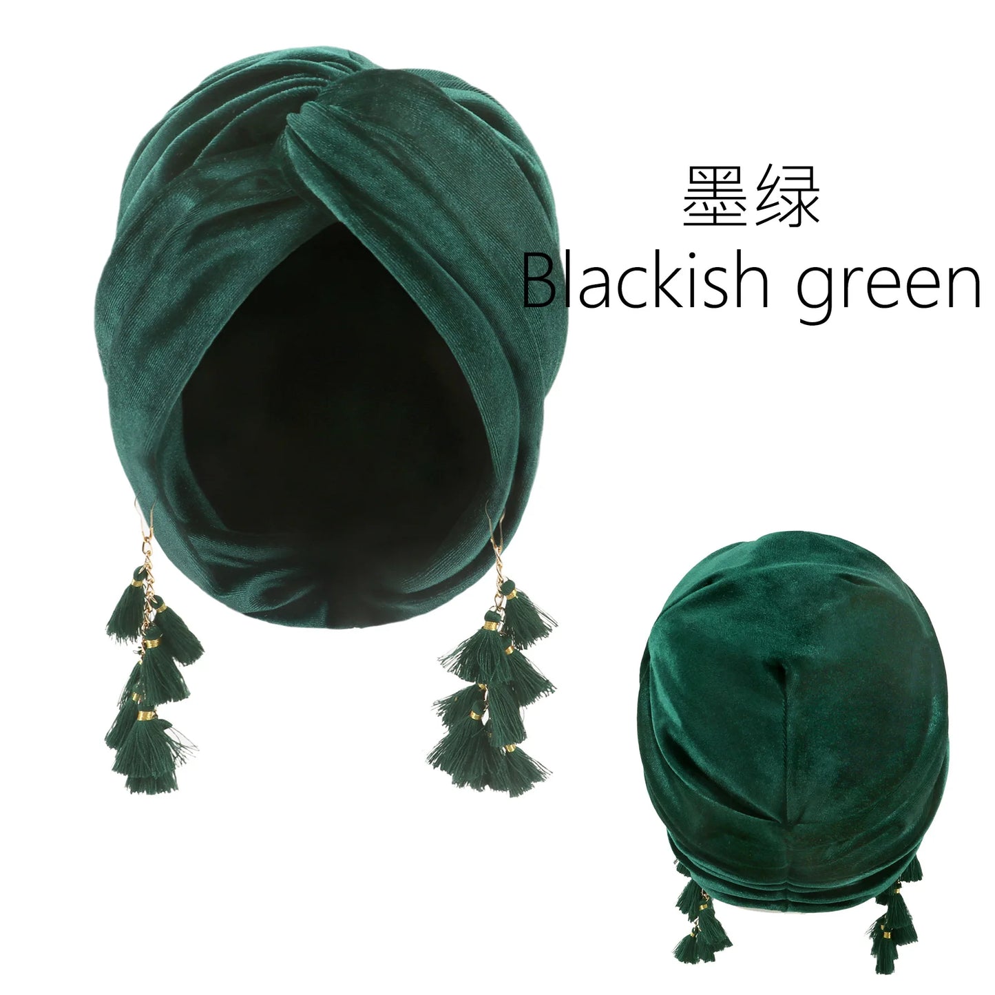 New Muslim Women Velvet Tassel Turban Hat Soft Stretch Bohemian Cross Pullover Bandana Headband Beanie Cap Islamic Head Wrap