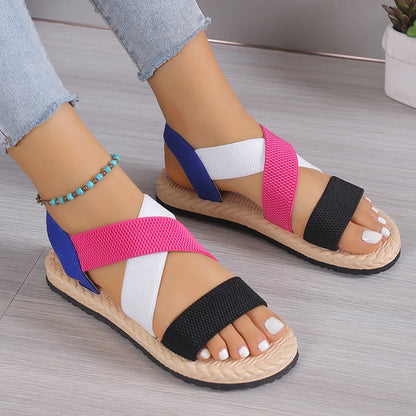 Fashion Women's Trend Anti-Slip Wear Comfortable Matching Color Sole Pure Black Shoelace Flat Sandals