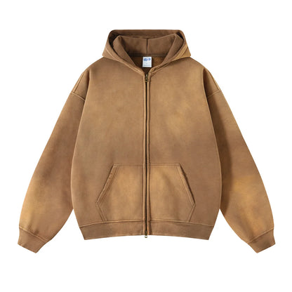 Men's Zip Up Hoodies Tie Dye Washed Double Oversize Cardigan Sweatshirt Loose Plus Plush Gradient Man Hooded Pullovers Winter