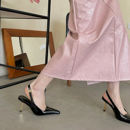 SUOJIALUN 2024 Spring New Band Women Pumps Shoes Fashion Shallow Slip On Slingback Sandals Thin High Heel Dress Sexy Pumps Shoes
