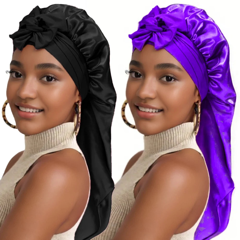 2Pcs Solid Color Bowknot Braid Bonnet Classic Long Satin Bonnets Soft Women Sleeping Night Cap Breathable Hair Bonnets