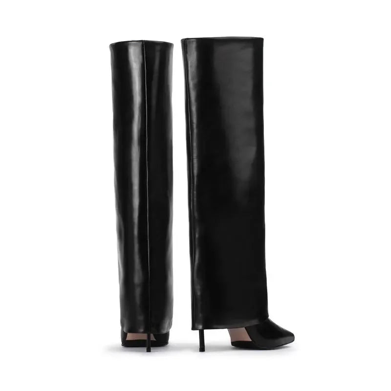 Autumn and Winter New Women's Knee High Leather Boots, Pointed Thin High-heeled Skirt Boots, Black Plus Size Long Boots