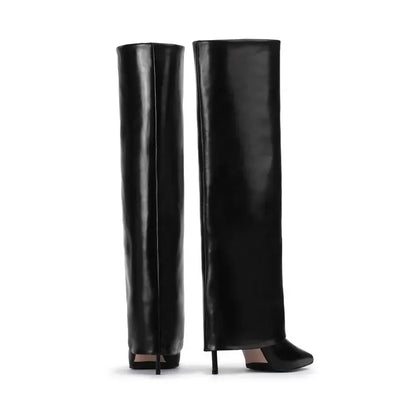 Autumn and Winter New Women's Knee High Leather Boots, Pointed Thin High-heeled Skirt Boots, Black Plus Size Long Boots