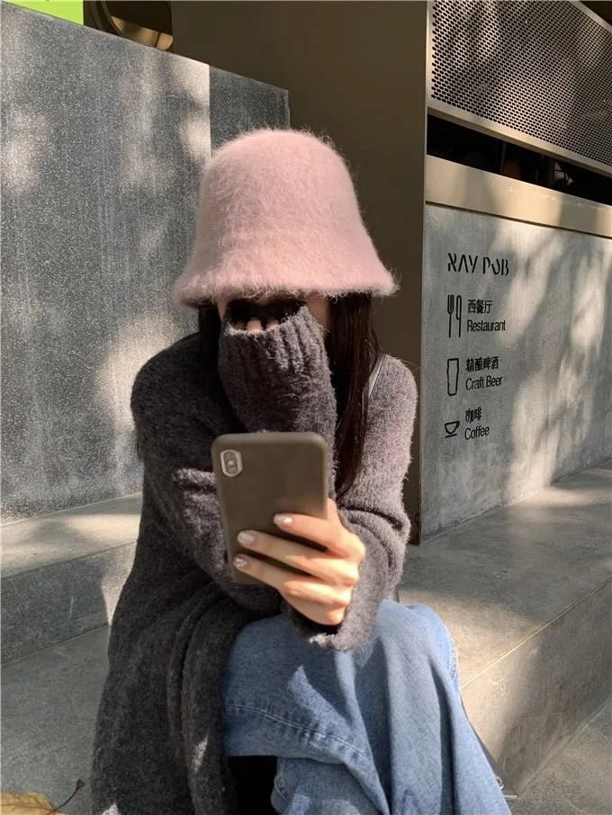 Good Angola Long Rabbit Fur Fisherman Bucket Hat Winter Fashion Soft Warm Wool Basin Cap Foldable Women Gift