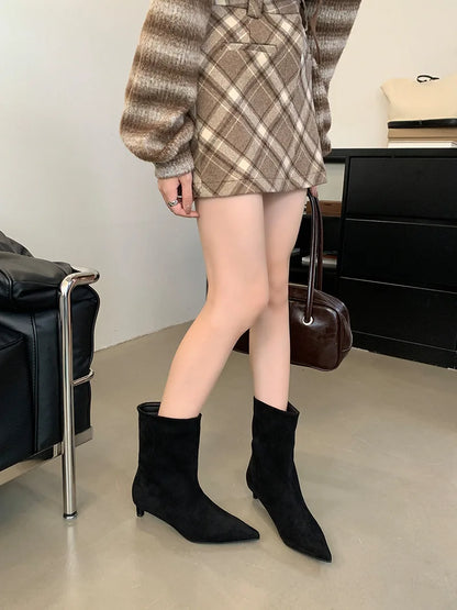 Autumn Winter Pointed Toe Ankle Boots Women Designer Vintage Thin Low Heel Shoes Modern SHort Botas Zapatos De Mujer