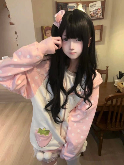 Japanese Kawaii Rabbit's Ears Hoodies Loose Polka Dot Patchwork Women Grunge Hoody Y2k Aesthetic Fairy Strawberry Sweatshirt