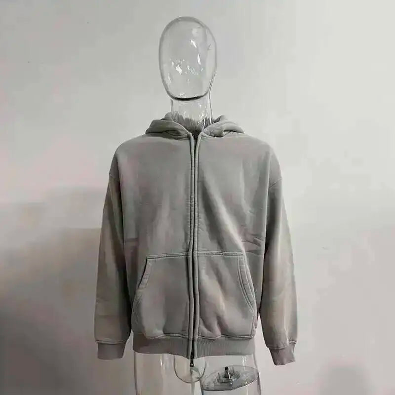 IEFB Men's Wear Wax Printing Vintage Male Hoodies Oversized Loose Zipper Water Washed Plush Sweatshirt Trendy New 9C9349