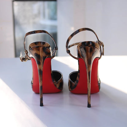 Red Background Leopard Print High-heeled Sandals with A Straight Buckle Thin Heel Pointed Toe Fashionable and Sexy Big Size 12CM