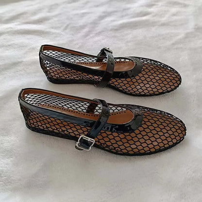 Fashion women mesh ballet falts round toe buckle strap pumps