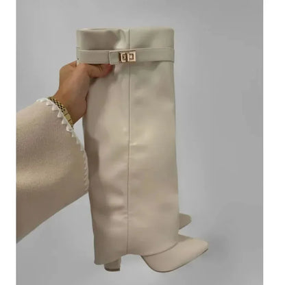 Autumn Winter New Pointed Metal Buckle Knee High Women's Boots, Thick High-heeled Pants Boots, Fashionable Mid Leg Boots