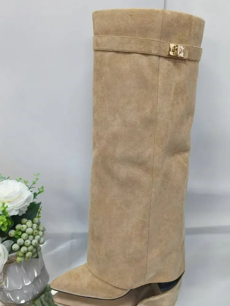 Autumn Winter New Pointed Metal Buckle Knee High Women's Boots, Thick High-heeled Pants Boots, Fashionable Mid Leg Boots