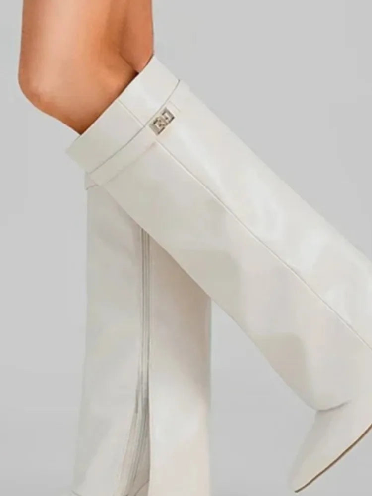 Autumn Winter New Pointed Metal Buckle Knee High Women's Boots, Thick High-heeled Pants Boots, Fashionable Mid Leg Boots