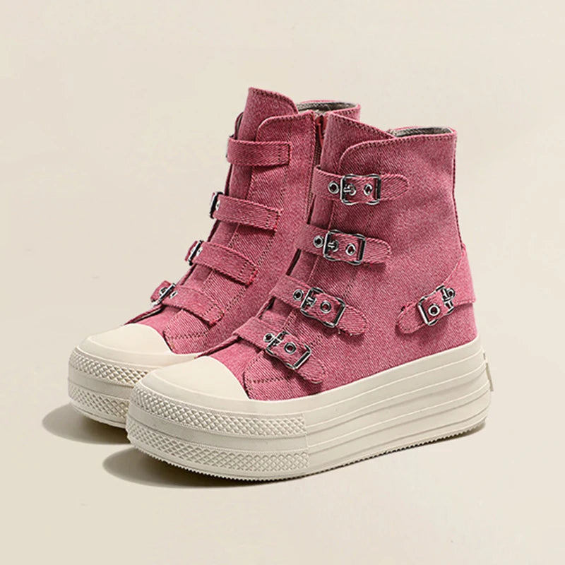 2024 Spring and Autumn New Thick soled Short tube Canvas Boots French Casual Breathable Buckle Fashion Women's Single Shoes
