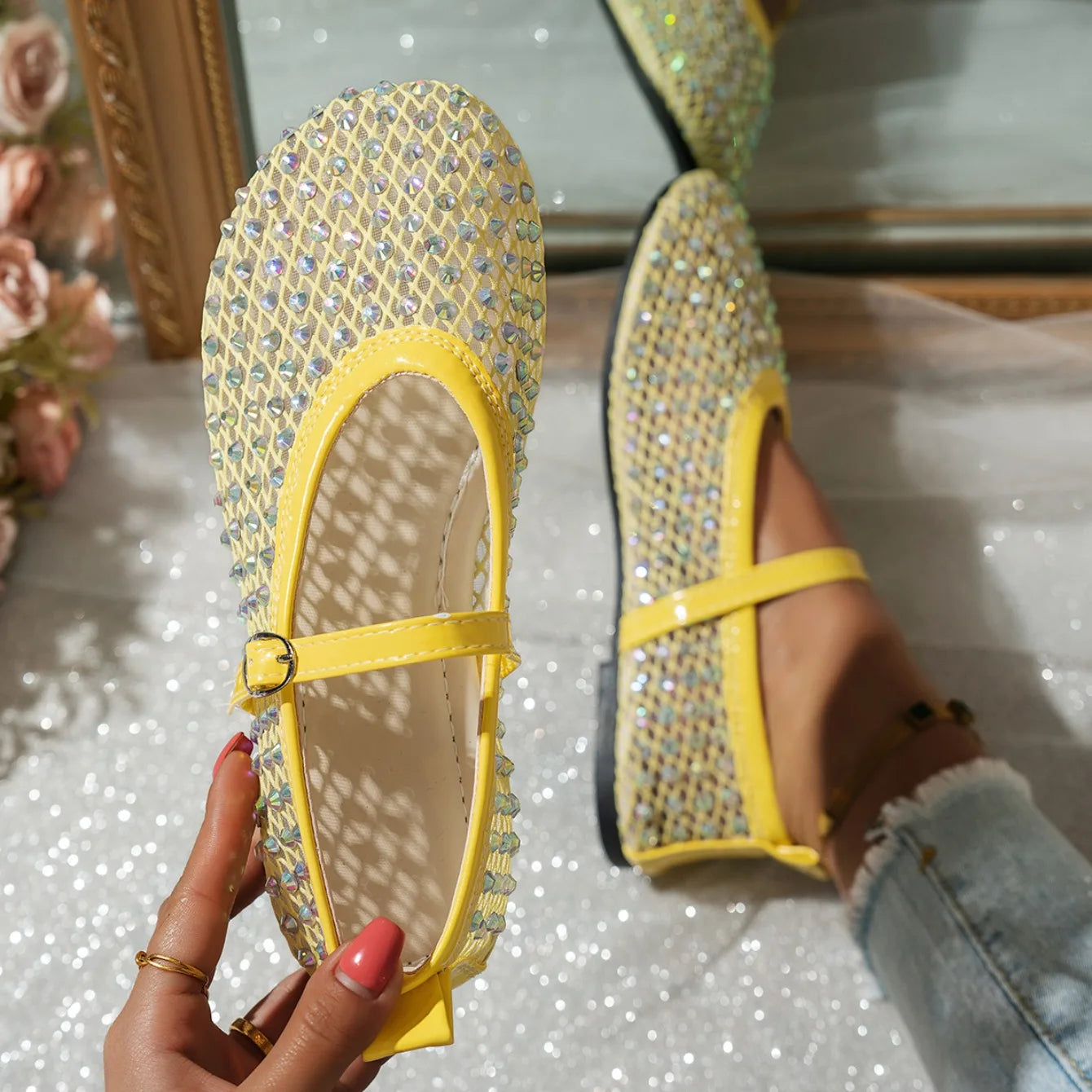 Women's Mary Jane Flats 2026 Spring Autumn Fashionable Women's Shoes Breathable Mesh Rhinestone Decorated Large Size Mesh Shoes
