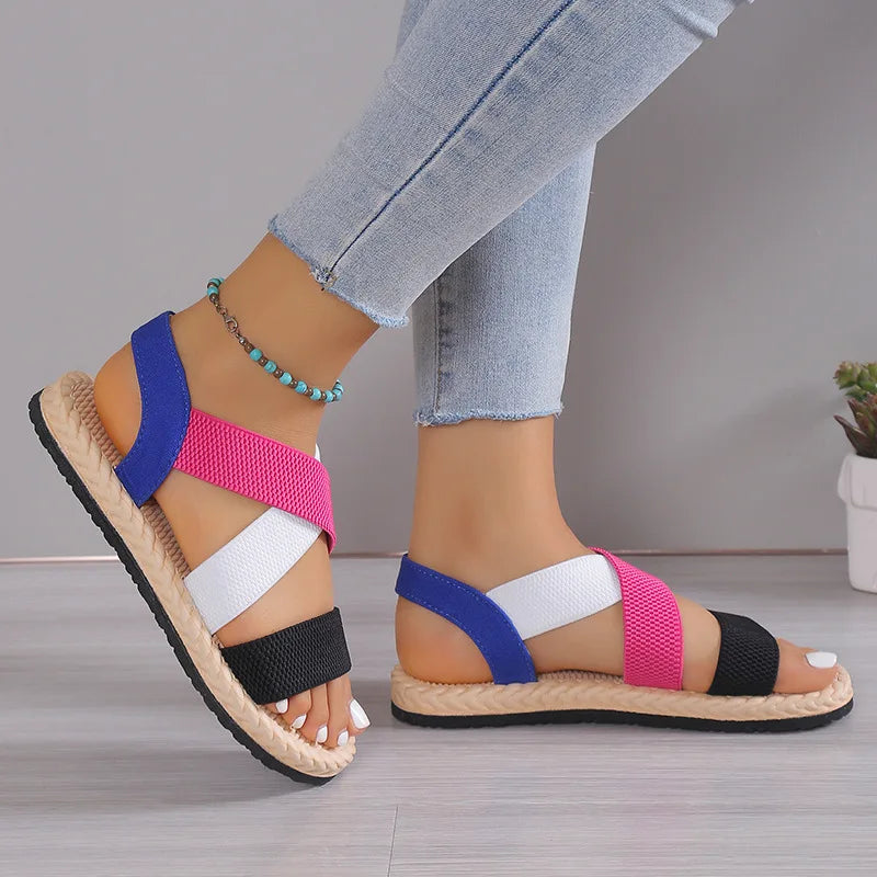 Fashion Women's Trend Anti-Slip Wear Comfortable Matching Color Sole Pure Black Shoelace Flat Sandals