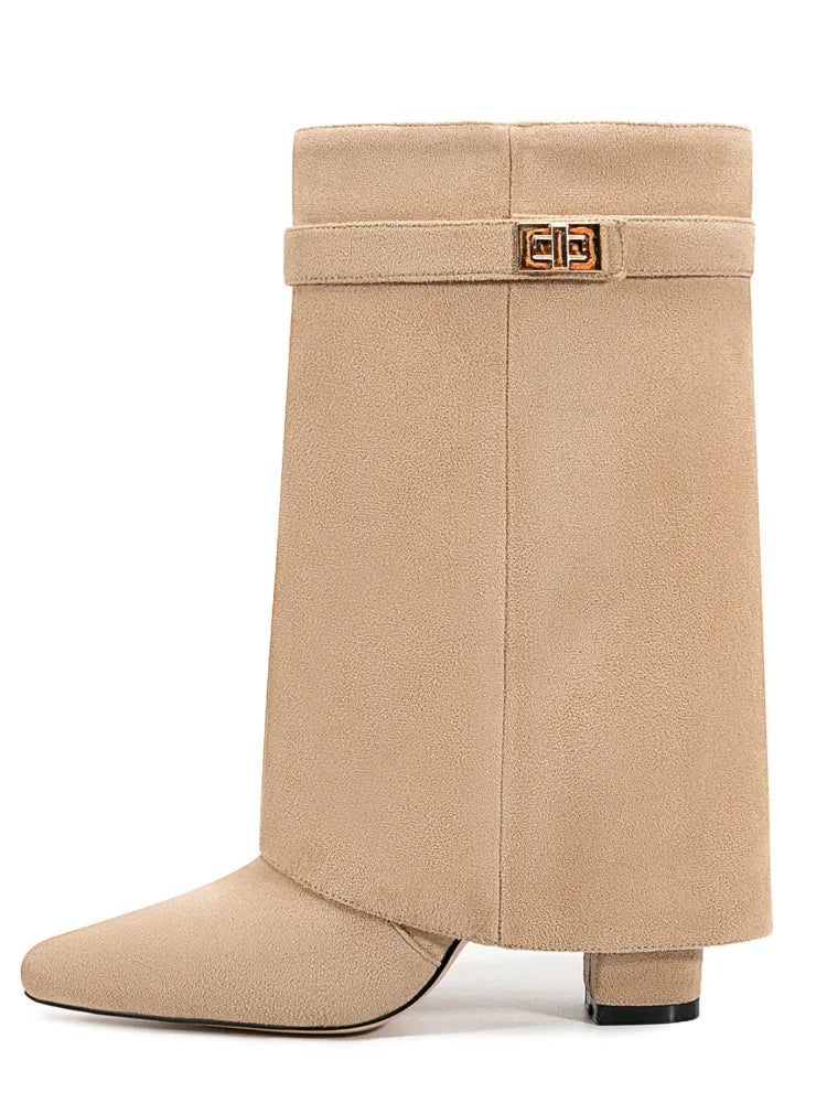 Autumn Winter New Pointed Metal Buckle Knee High Women's Boots, Thick High-heeled Pants Boots, Fashionable Mid Leg Boots