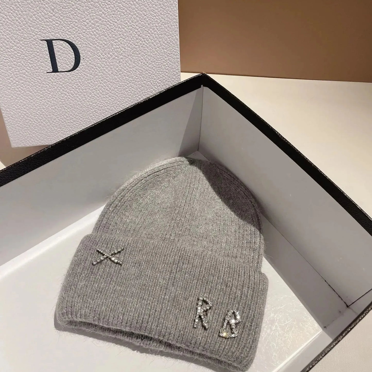 New Real fashion rabbit hair diamond letter hat Women's Winter warm knit hat Designer women's casual hat ski hat