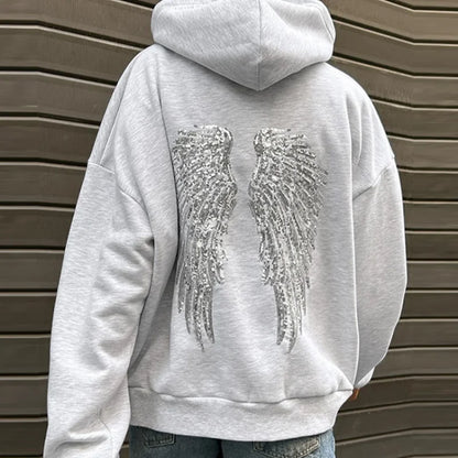 Women Fashion Sequin Angel Wings Printed Hoodies Casual Long Sleeved Hooded Solid Color Tops 2025 New High Street Y2k Outwear