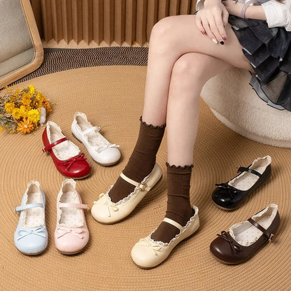 Spring Autumn Pink White Mary Janes Flat Shoes Woman Round Toe Buckle Strap Lolita Girls Student Ballet Flats Plus Size
