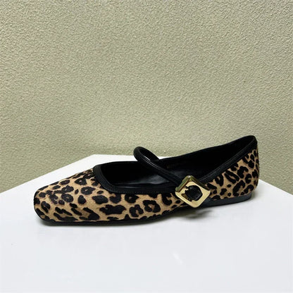 Designer Spring Autumn Women Leopard Shoes Fashion Shallow Buckle Ladies Flats Shoes Square Toe Women's Mary Jane Shoes