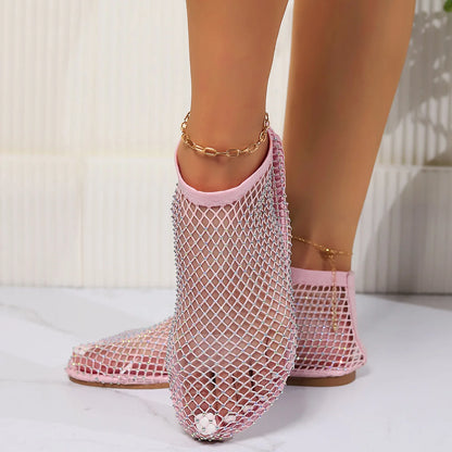 2024 Summer Women's New Round Toe Flat Bottom Sandals Hollow Short Boots Water Diamond Sexy Flat Bottom Fashion Banquet Slippers