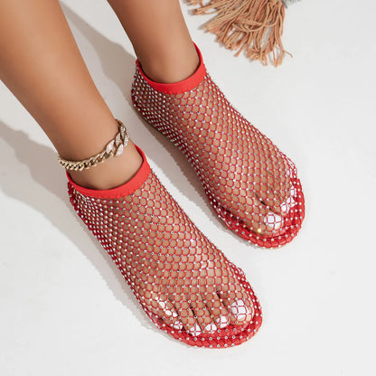 2024 Summer Women's New Round Toe Flat Bottom Sandals Hollow Short Boots Water Diamond Sexy Flat Bottom Fashion Banquet Slippers