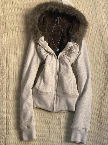 Y2k Aesthetic Vintage Fur Patchwork Hoodies Autumn Grunge Letter Embroidery Hoody Streetwear Cropped Zipper Sweatshirt Jackets