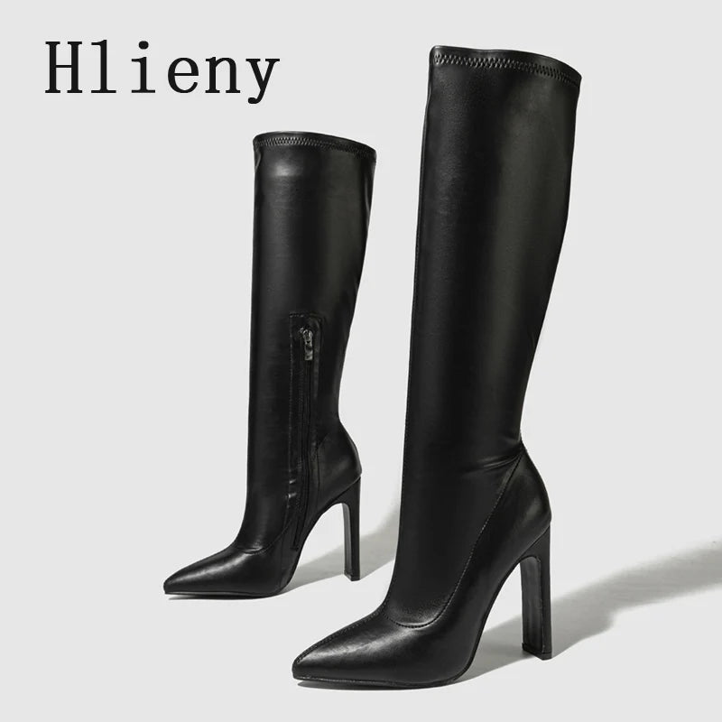 Hlieny Autumn Winter Women Knee-High Boots Fashion Pointed Toe High Heels Shoes Zipper Office Lady Long Botas De Mujer Size 42