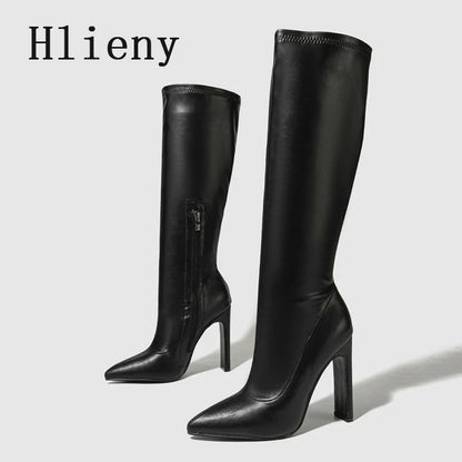Hlieny Autumn Winter Women Knee-High Boots Fashion Pointed Toe High Heels Shoes Zipper Office Lady Long Botas De Mujer Size 42