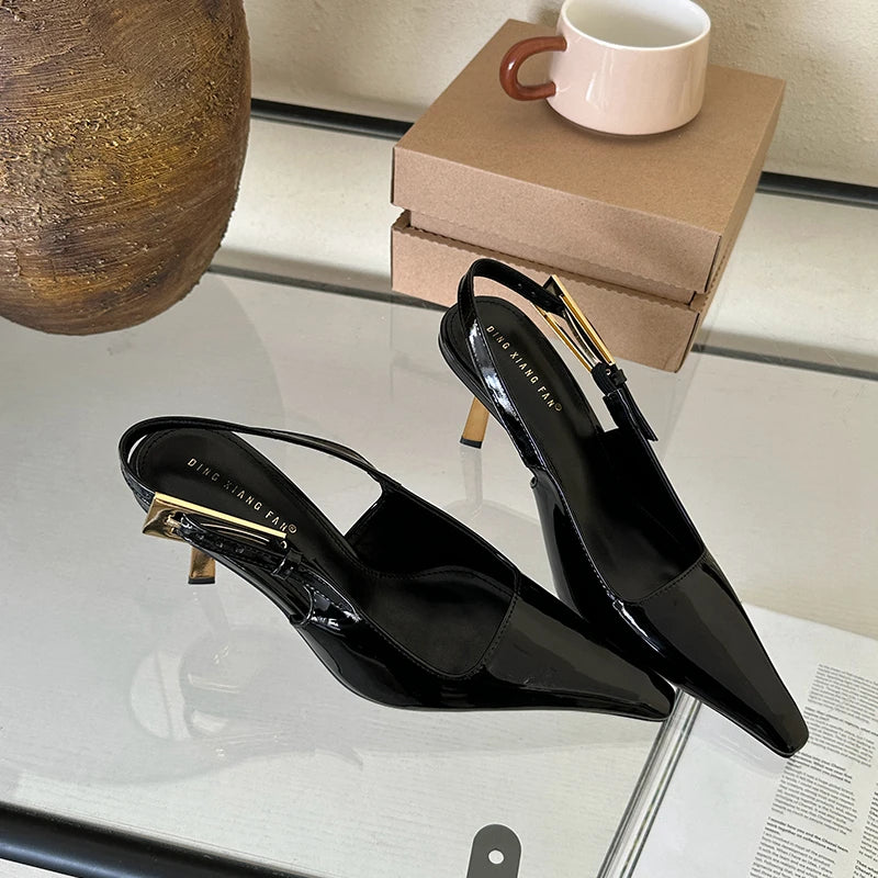 SUOJIALUN 2024 Spring New Band Women Pumps Shoes Fashion Shallow Slip On Slingback Sandals Thin High Heel Dress Sexy Pumps Shoes