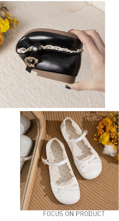 Spring Autumn Pink White Mary Janes Flat Shoes Woman Round Toe Buckle Strap Lolita Girls Student Ballet Flats Plus Size