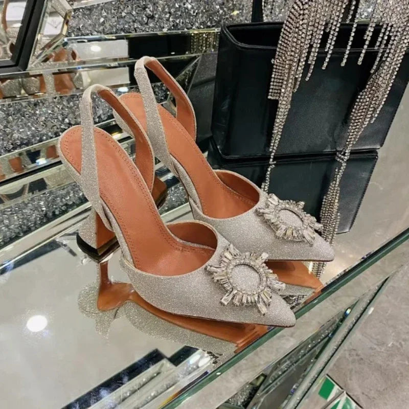 2026 Spring Autumn EU US Satin Slingback Women Sandals Pointed Flared Heels Sun Rhinestone Crystal Wedding Party Dress Heels