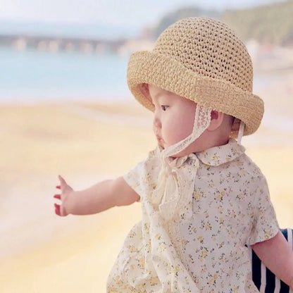 Fashion Lace Baby Hat Summer Straw Bow Baby Girl Cap Beach Children Panama Hat Princess Baby Hats and Caps for Kids 1PC