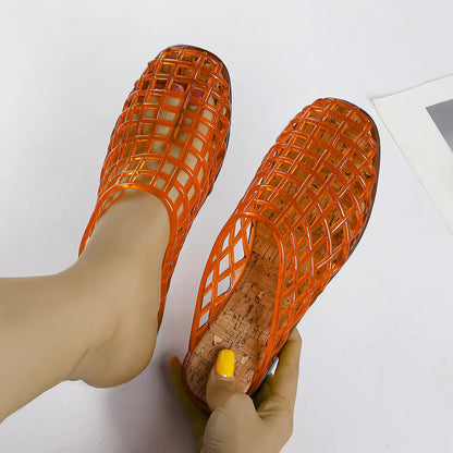 2025 Women's New Flat Slippers with Hollow PVC Breathable Summer Outerwear Baotou Bag and Casual Jelly Slippers