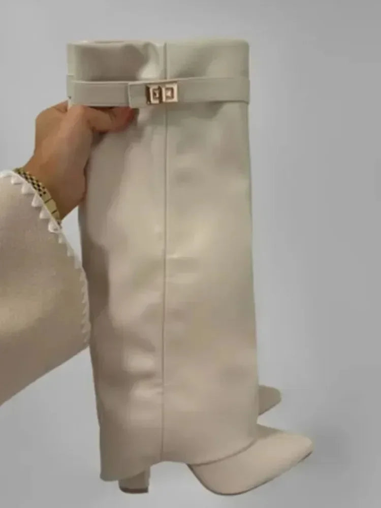 Autumn Winter New Pointed Metal Buckle Knee High Women's Boots, Thick High-heeled Pants Boots, Fashionable Mid Leg Boots