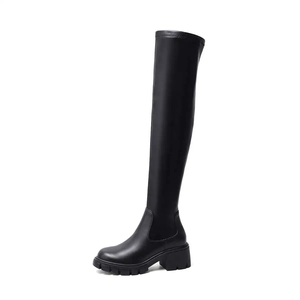 Krazing Pot Big Size Cow Leather Stretch Over-the-knee Boots Platform Round Toe High Heels Winter Women Warm Thigh High Boots