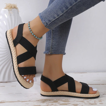 Fashion Women's Trend Anti-Slip Wear Comfortable Matching Color Sole Pure Black Shoelace Flat Sandals
